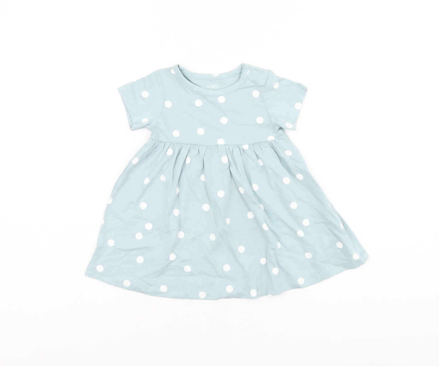 Marks and Spencer Girls Blue Polka Dot Cotton A-Line Size 6-9 Months Round Neck Snap