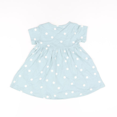 Marks and Spencer Girls Blue Polka Dot Cotton A-Line Size 6-9 Months Round Neck Snap