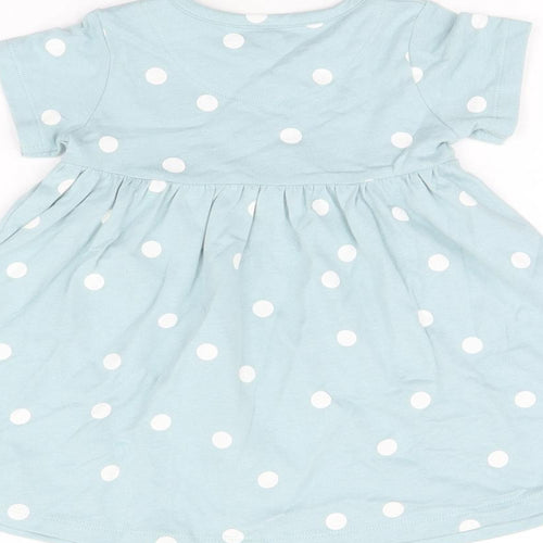 Marks and Spencer Girls Blue Polka Dot Cotton A-Line Size 6-9 Months Round Neck Snap