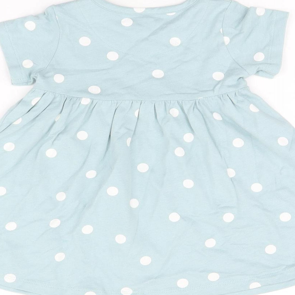 Marks and Spencer Girls Blue Polka Dot Cotton A-Line Size 6-9 Months Round Neck Snap