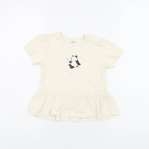 Marks and Spencer Girls Ivory Cotton Basic T-Shirt Size 2-3 Years Round Neck Snap - Panda Print