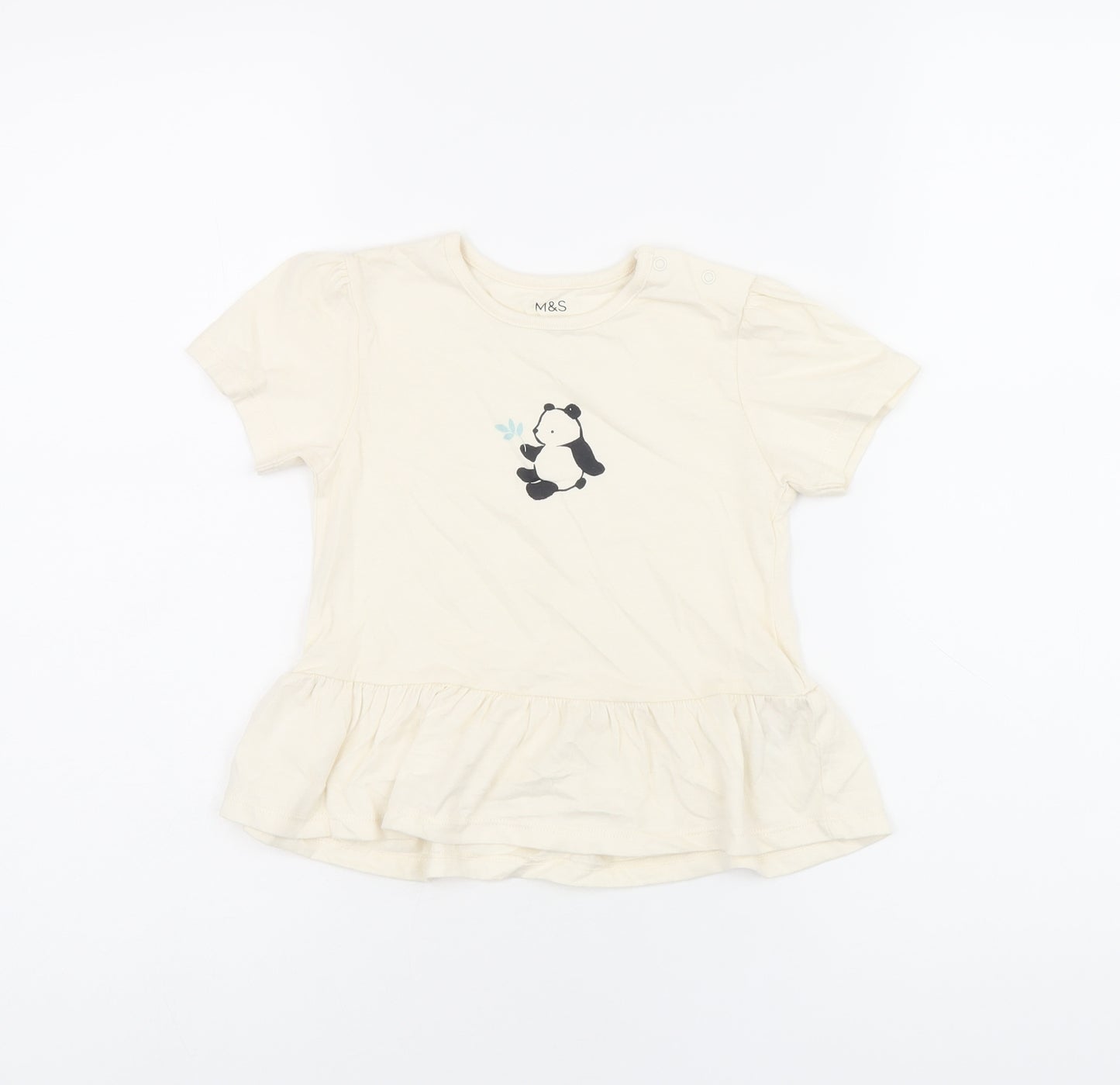 Marks and Spencer Girls Ivory Cotton Basic T-Shirt Size 2-3 Years Round Neck Snap - Panda Print