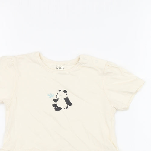 Marks and Spencer Girls Ivory Cotton Basic T-Shirt Size 2-3 Years Round Neck Snap - Panda Print