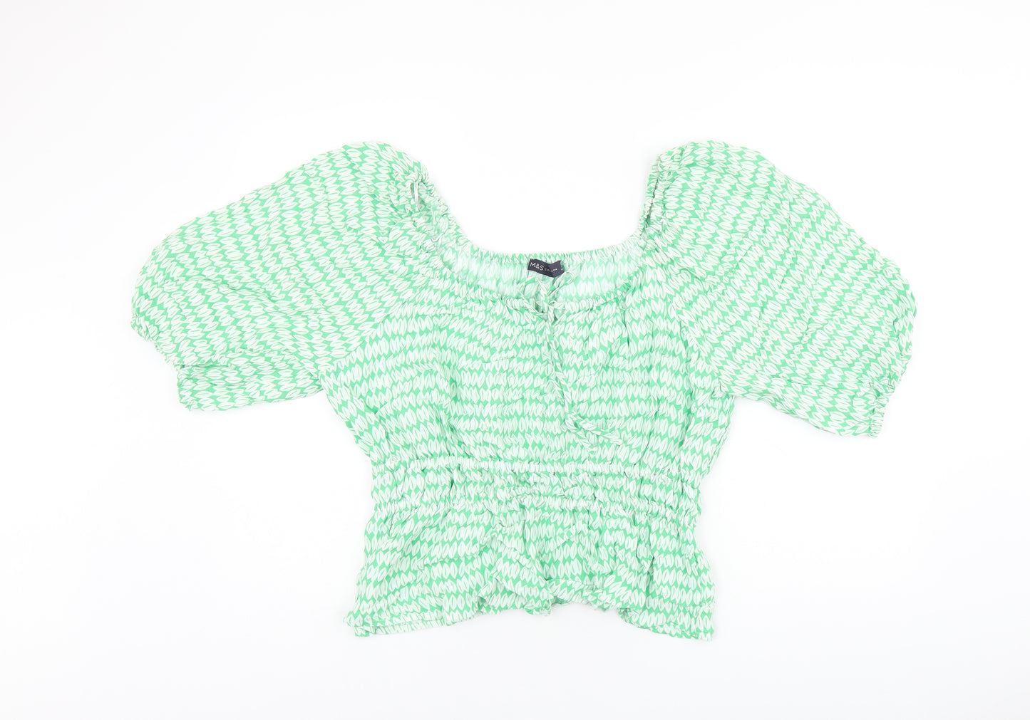 Marks and Spencer Womens Green Geometric Viscose Basic Blouse Size 14 Scoop Neck