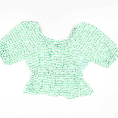 Marks and Spencer Womens Green Geometric Viscose Basic Blouse Size 14 Scoop Neck