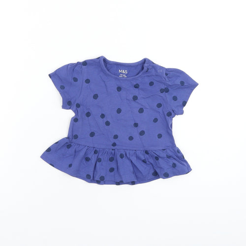 Marks and Spencer Girls Blue Polka Dot Cotton Basic T-Shirt Size 6-9 Months Round Neck Snap