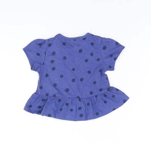 Marks and Spencer Girls Blue Polka Dot Cotton Basic T-Shirt Size 6-9 Months Round Neck Snap
