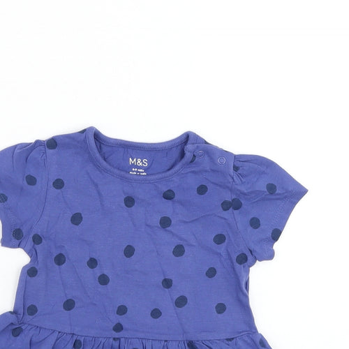Marks and Spencer Girls Blue Polka Dot Cotton Basic T-Shirt Size 6-9 Months Round Neck Snap