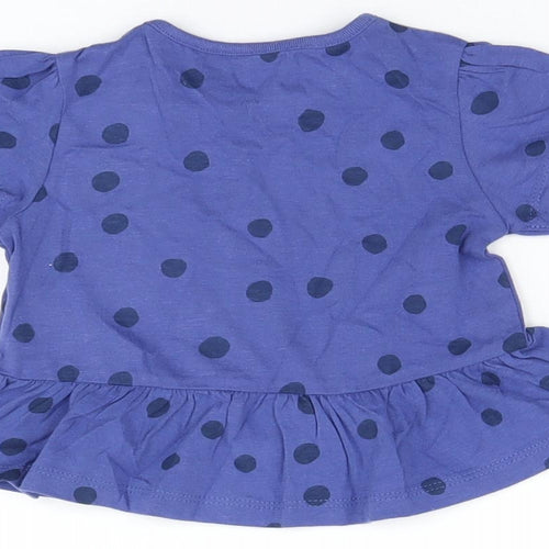 Marks and Spencer Girls Blue Polka Dot Cotton Basic T-Shirt Size 6-9 Months Round Neck Snap