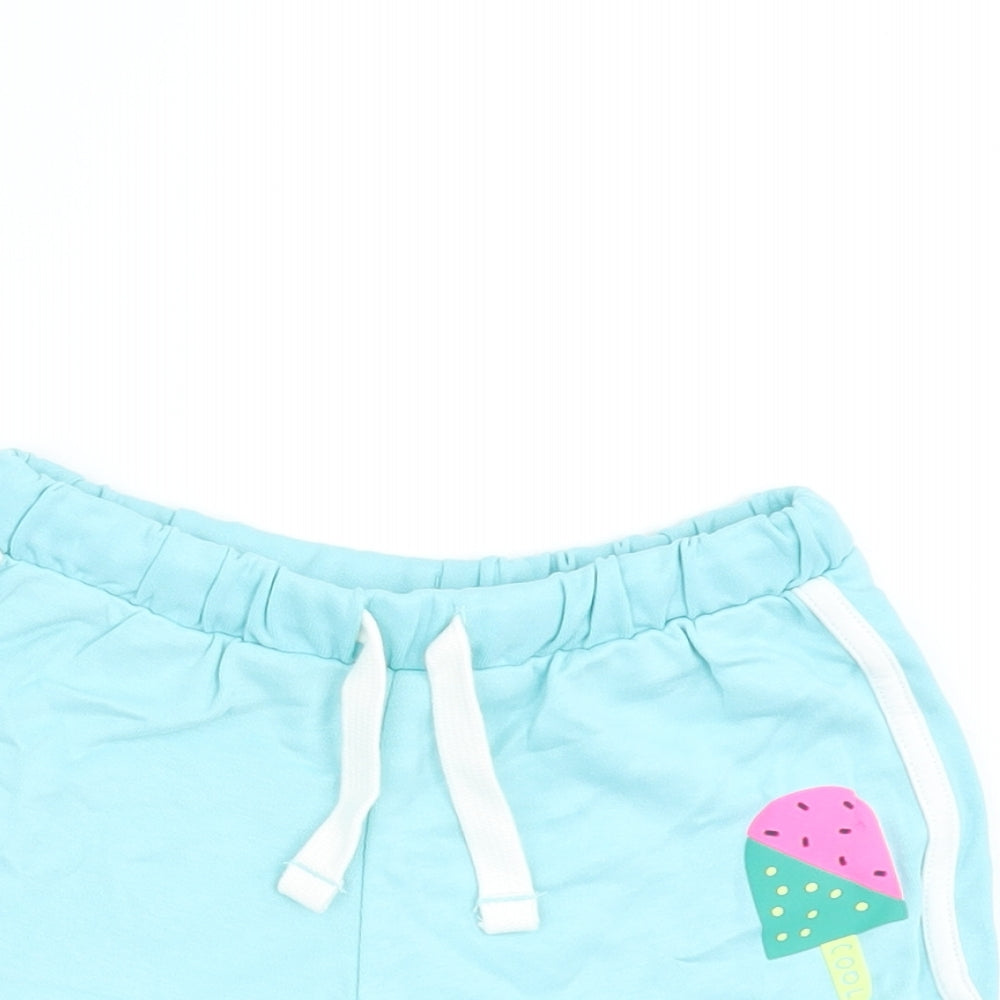 Marks and Spencer Girls Blue Cotton Sweat Shorts Size 5-6 Years Regular Drawstring - Ice Lolly Print