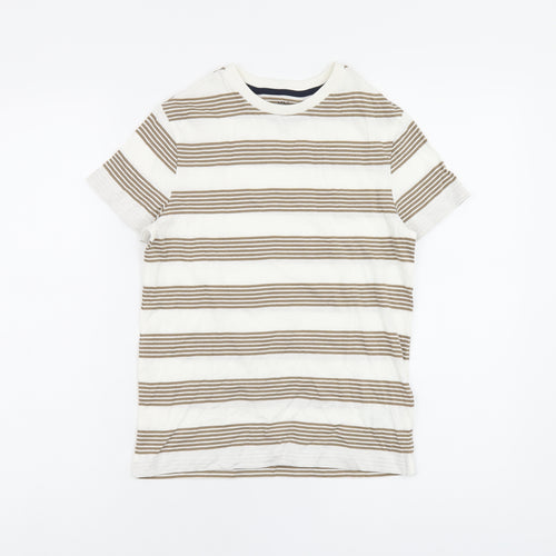 Marks and Spencer Boys White Striped Cotton Basic T-Shirt Size 8-9 Years Round Neck Pullover