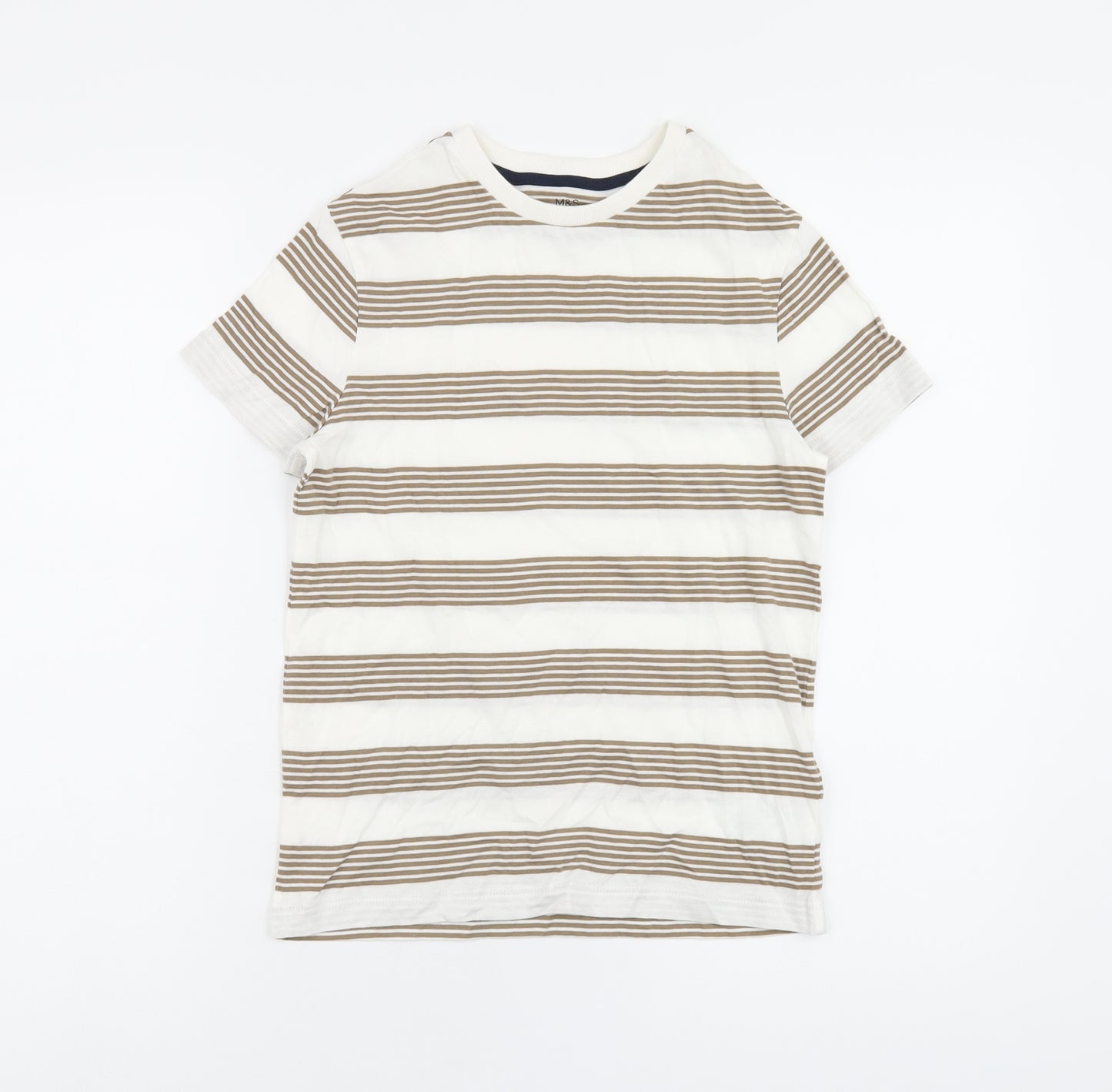 Marks and Spencer Boys White Striped Cotton Basic T-Shirt Size 8-9 Years Round Neck Pullover