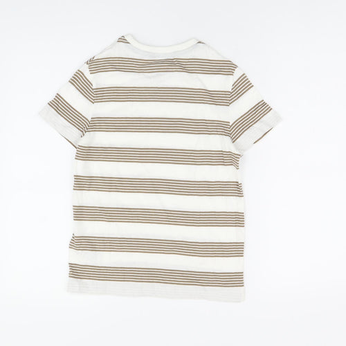 Marks and Spencer Boys White Striped Cotton Basic T-Shirt Size 8-9 Years Round Neck Pullover