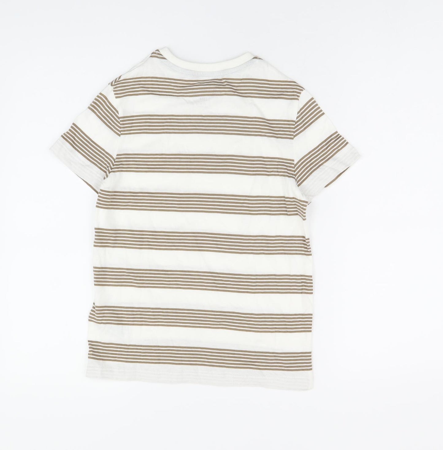 Marks and Spencer Boys White Striped Cotton Basic T-Shirt Size 8-9 Years Round Neck Pullover