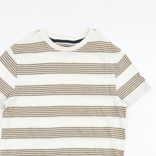 Marks and Spencer Boys White Striped Cotton Basic T-Shirt Size 8-9 Years Round Neck Pullover