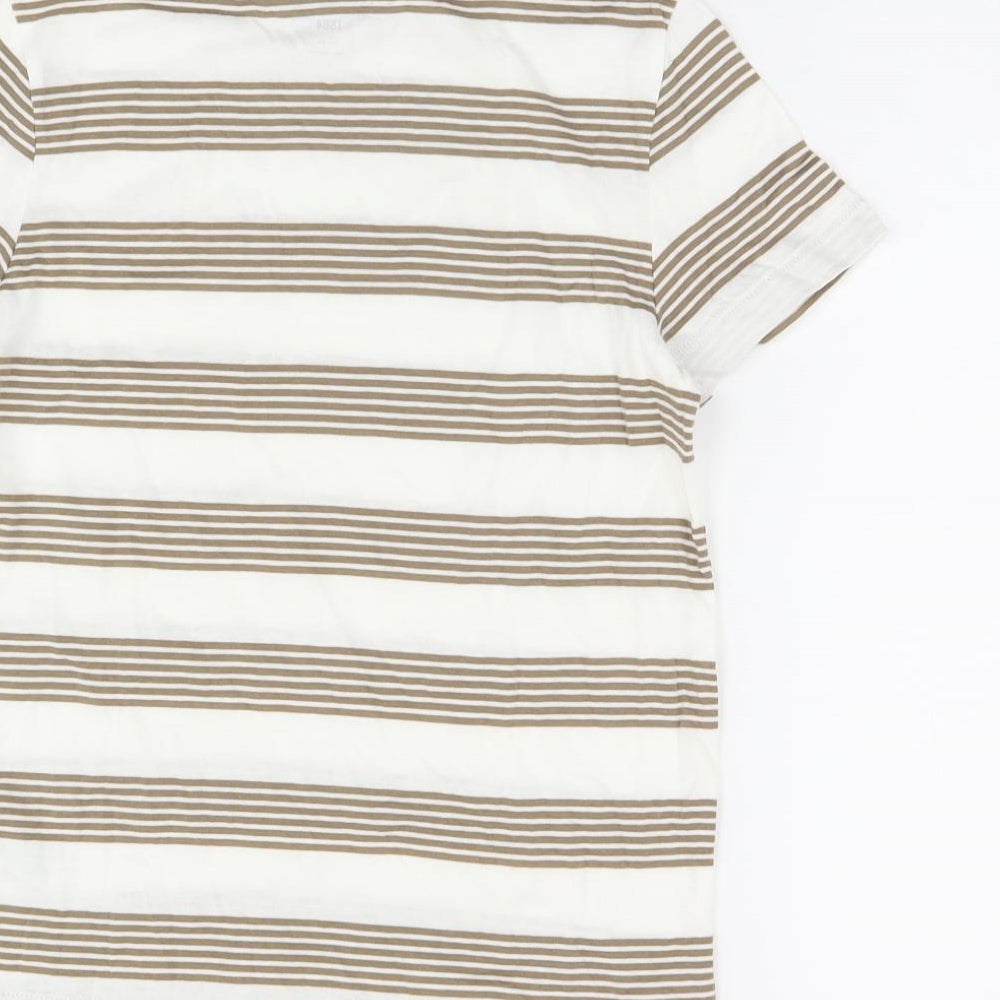 Marks and Spencer Boys White Striped Cotton Basic T-Shirt Size 8-9 Years Round Neck Pullover