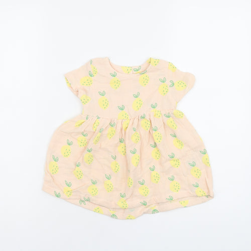 Marks and Spencer Girls Pink Geometric Cotton A-Line Size 6-9 Months Round Neck Button - Lemon Print