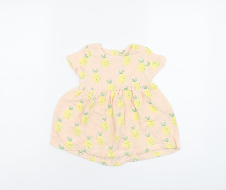 Marks and Spencer Girls Pink Geometric Cotton A-Line Size 6-9 Months Round Neck Button - Lemon Print