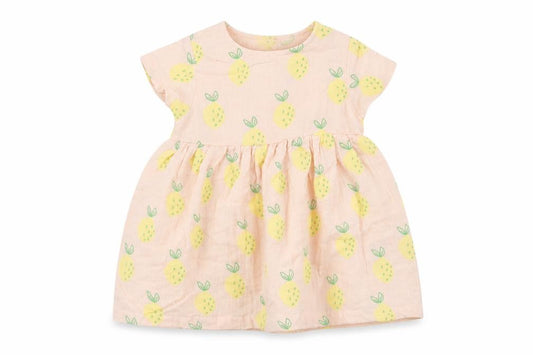Front view of Marks & Spencer girls’ pink geometric cotton a-line, size 6-9, months round neck button - lemon print
