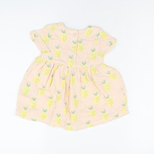 Marks and Spencer Girls Pink Geometric Cotton A-Line Size 6-9 Months Round Neck Button - Lemon Print