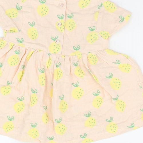 Marks and Spencer Girls Pink Geometric Cotton A-Line Size 6-9 Months Round Neck Button - Lemon Print