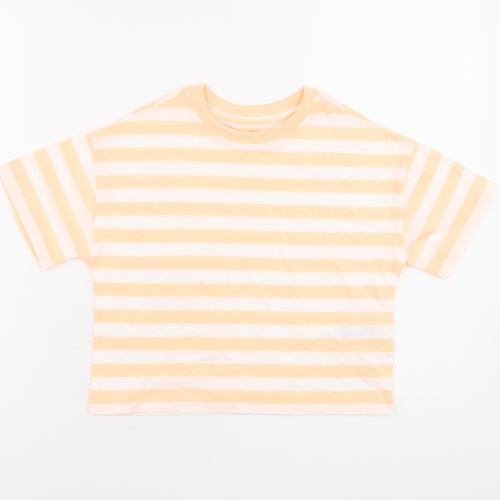 Marks and Spencer Boys White Striped Cotton Basic T-Shirt Size 6-7 Years Round Neck Pullover