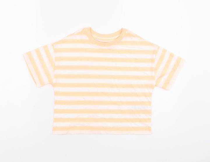 Marks and Spencer Boys White Striped Cotton Basic T-Shirt Size 6-7 Years Round Neck Pullover