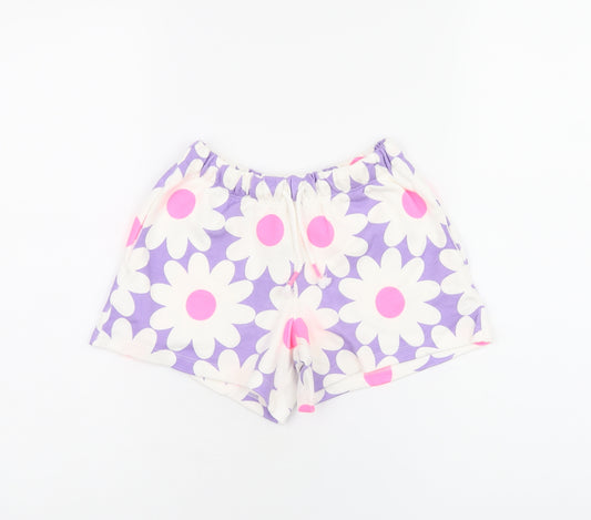 Marks and Spencer Girls Purple Floral Cotton Sweat Shorts Size 4-5 Years Regular Drawstring