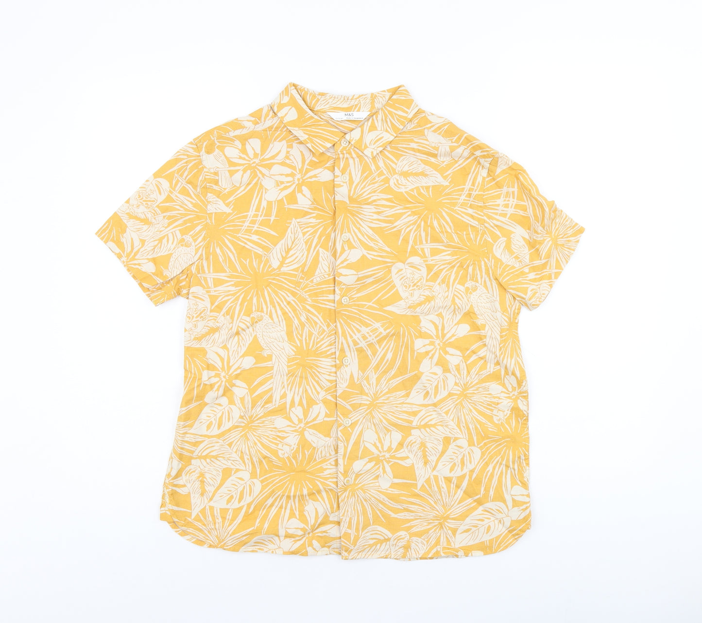Marks and Spencer Boys Yellow Geometric Cotton Basic Button-Up Size 11-12 Years Collared Button - Leaf Print