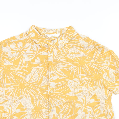 Marks and Spencer Boys Yellow Geometric Cotton Basic Button-Up Size 11-12 Years Collared Button - Leaf Print
