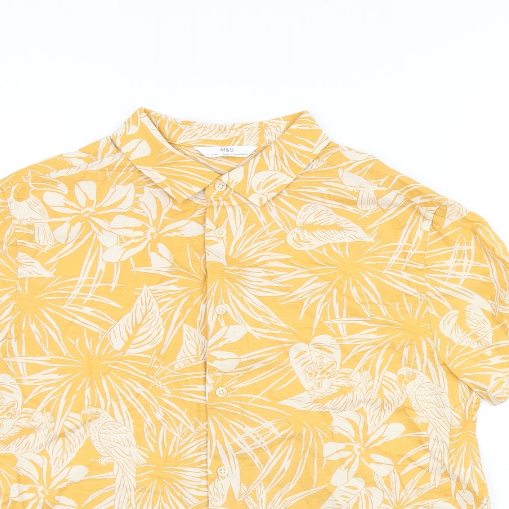 Marks and Spencer Boys Yellow Geometric Cotton Basic Button-Up Size 11-12 Years Collared Button - Leaf Print