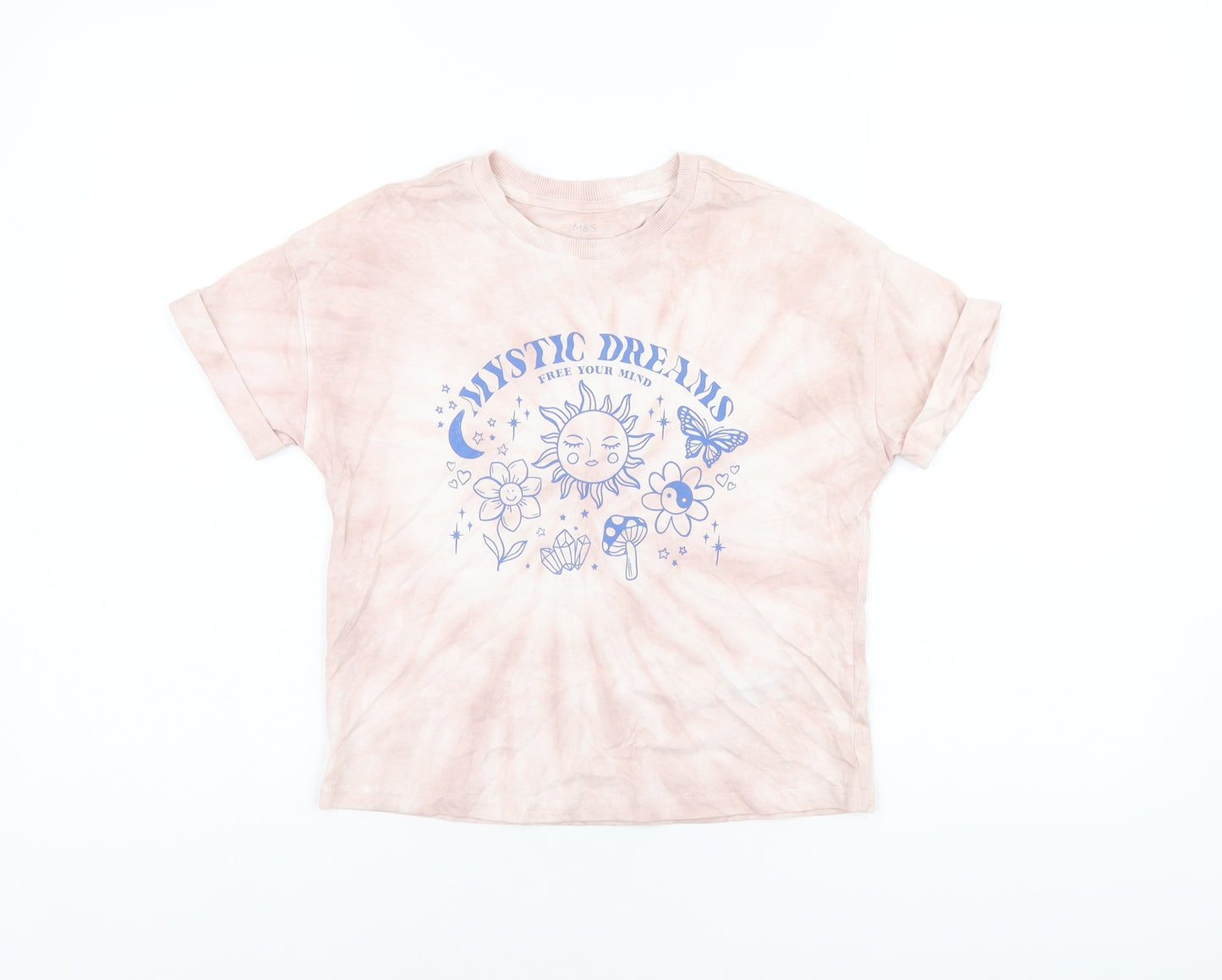 Marks and Spencer Girls Pink Cotton Basic T-Shirt Size 6-7 Years Round Neck Pullover - Mystic Dreams, Tie Dye