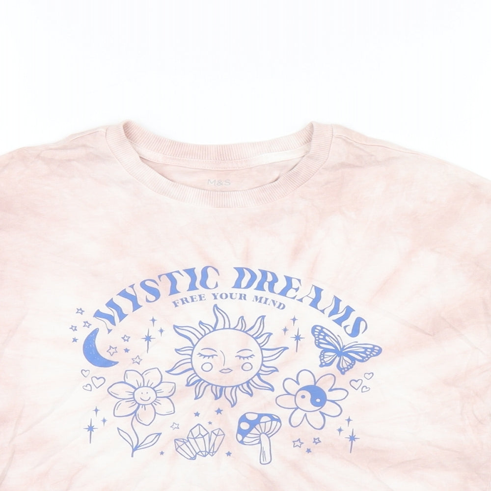 Marks and Spencer Girls Pink Cotton Basic T-Shirt Size 6-7 Years Round Neck Pullover - Mystic Dreams, Tie Dye