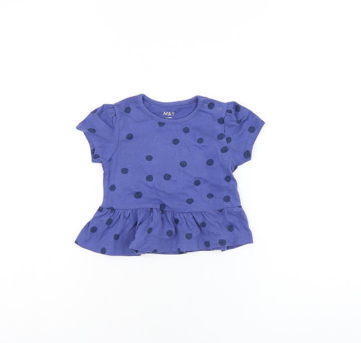 Marks and Spencer Girls Blue Polka Dot Cotton Basic T-Shirt Size 3-6 Months Round Neck Snap