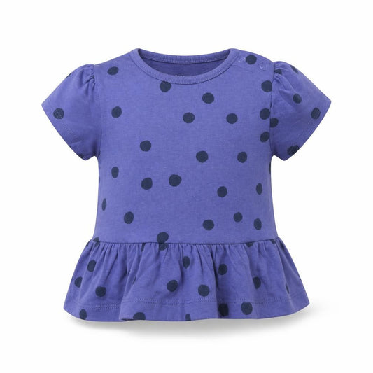 Front view of Marks & Spencer girls’ blue polka dot cotton basic t-shirt, size 3-6, months round neck snap