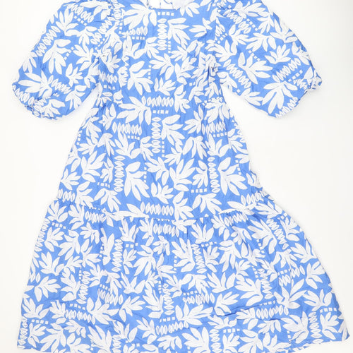 Marks and Spencer Womens Blue Floral Cotton A-Line Size 10 Round Neck Tie