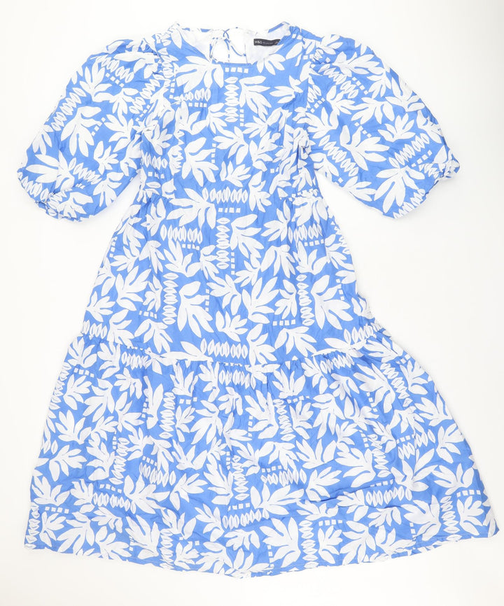 Marks and Spencer Womens Blue Floral Cotton A-Line Size 10 Round Neck Tie