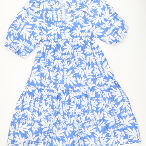 Marks and Spencer Womens Blue Floral Cotton A-Line Size 10 Round Neck Tie