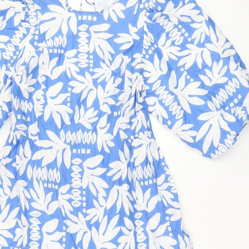 Marks and Spencer Womens Blue Floral Cotton A-Line Size 10 Round Neck Tie