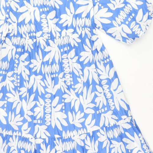 Marks and Spencer Womens Blue Floral Cotton A-Line Size 10 Round Neck Tie