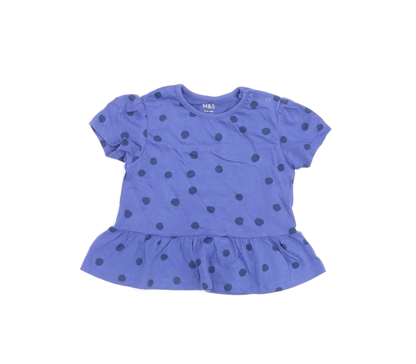 Marks and Spencer Girls Blue Polka Dot Cotton Basic T-Shirt Size 12-18 Months Round Neck Snap