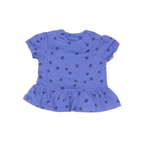 Marks and Spencer Girls Blue Polka Dot Cotton Basic T-Shirt Size 12-18 Months Round Neck Snap