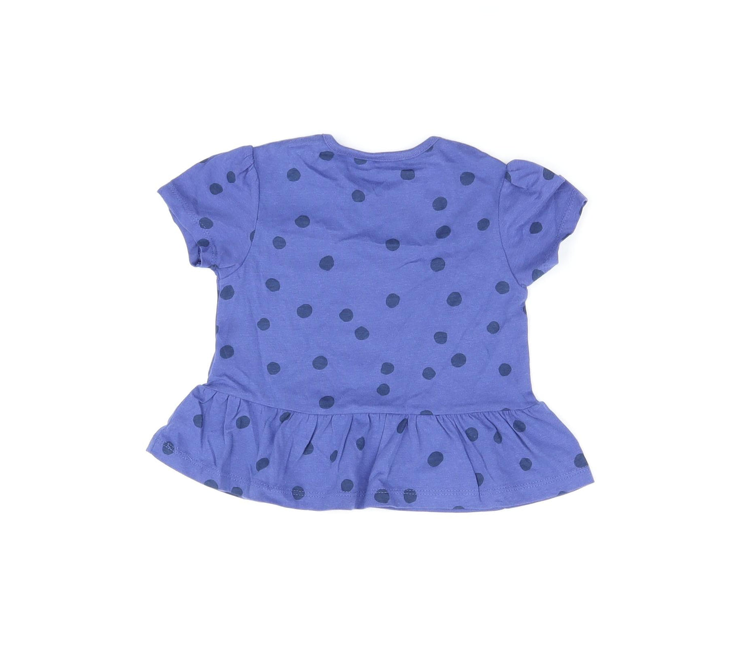 Marks and Spencer Girls Blue Polka Dot Cotton Basic T-Shirt Size 12-18 Months Round Neck Snap