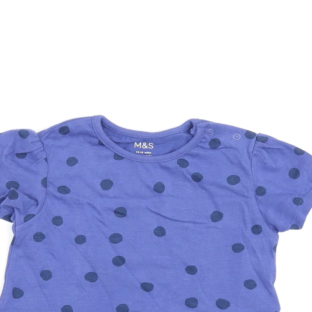 Marks and Spencer Girls Blue Polka Dot Cotton Basic T-Shirt Size 12-18 Months Round Neck Snap