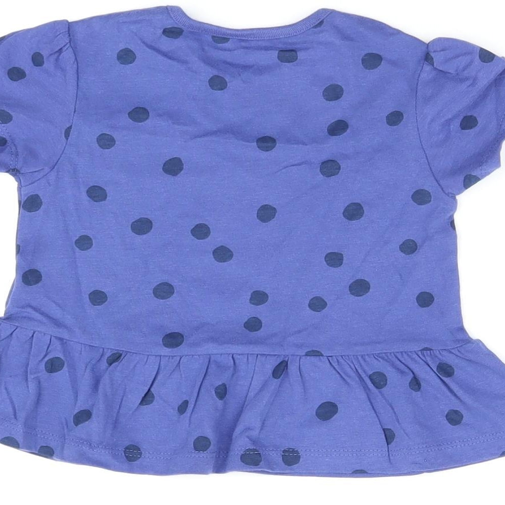 Marks and Spencer Girls Blue Polka Dot Cotton Basic T-Shirt Size 12-18 Months Round Neck Snap