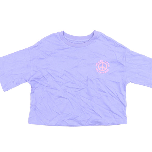 Marks and Spencer Girls Purple Cotton Basic T-Shirt Size 6-7 Years Round Neck Pullover - Peace Love Happiness