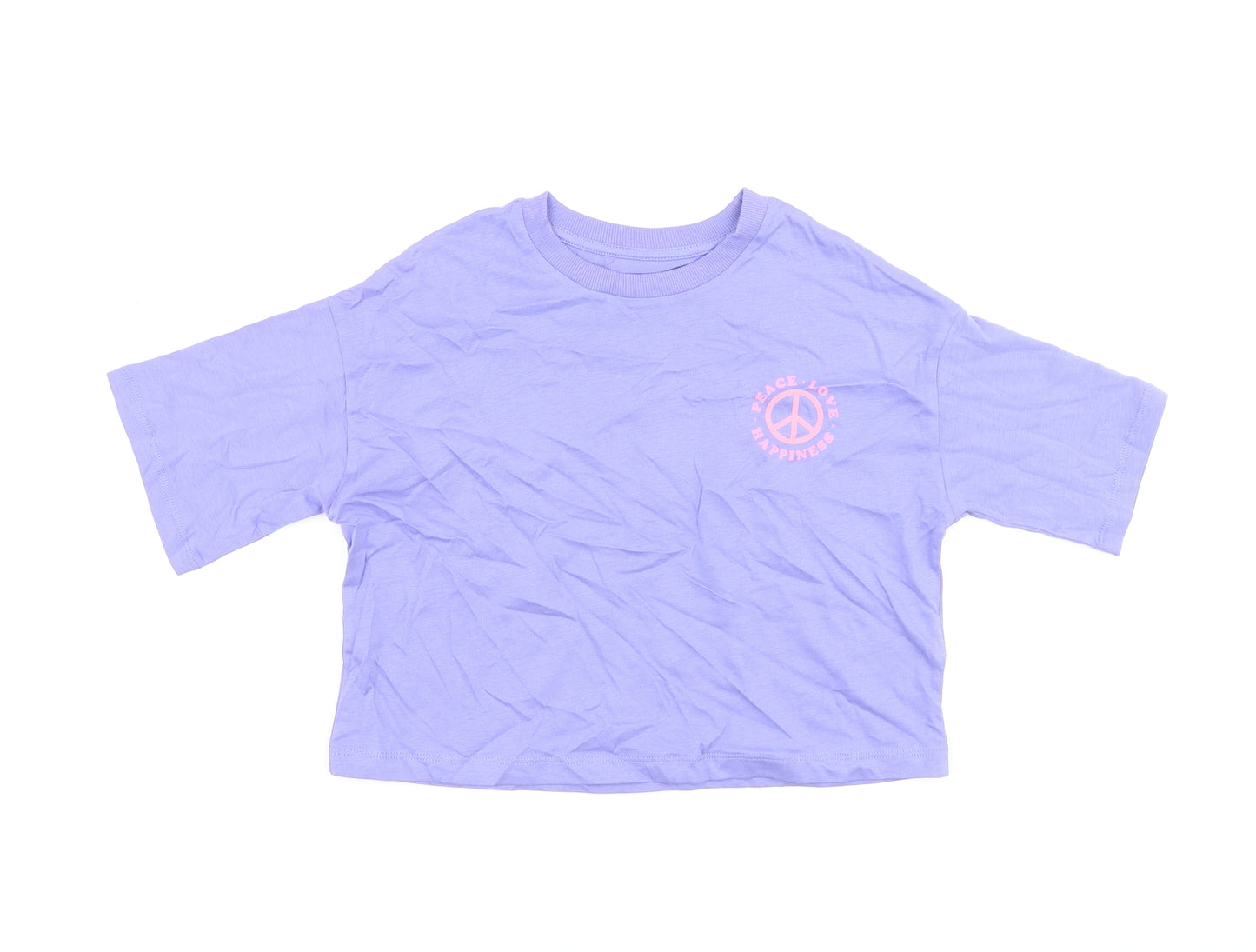 Marks and Spencer Girls Purple Cotton Basic T-Shirt Size 6-7 Years Round Neck Pullover - Peace Love Happiness