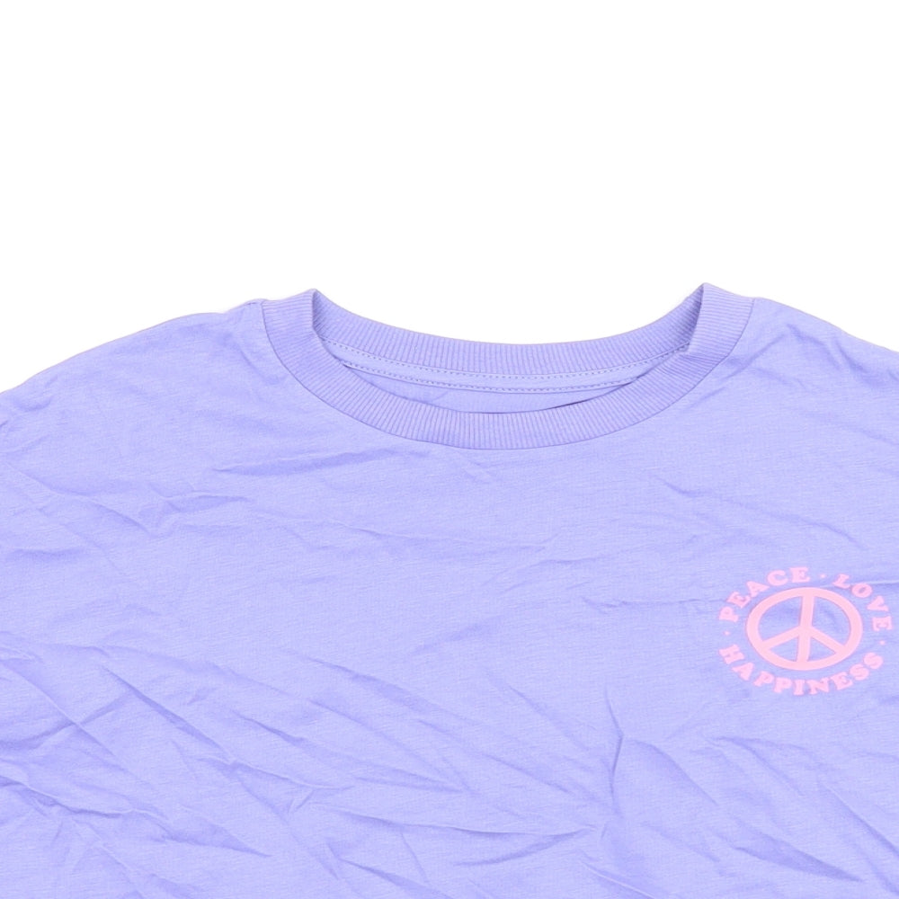 Marks and Spencer Girls Purple Cotton Basic T-Shirt Size 6-7 Years Round Neck Pullover - Peace Love Happiness