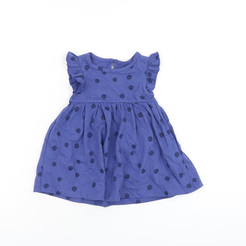 Marks and Spencer Girls Blue Polka Dot Cotton A-Line Size 0-3 Months Round Neck Button