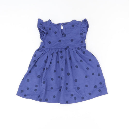Marks and Spencer Girls Blue Polka Dot Cotton A-Line Size 0-3 Months Round Neck Button